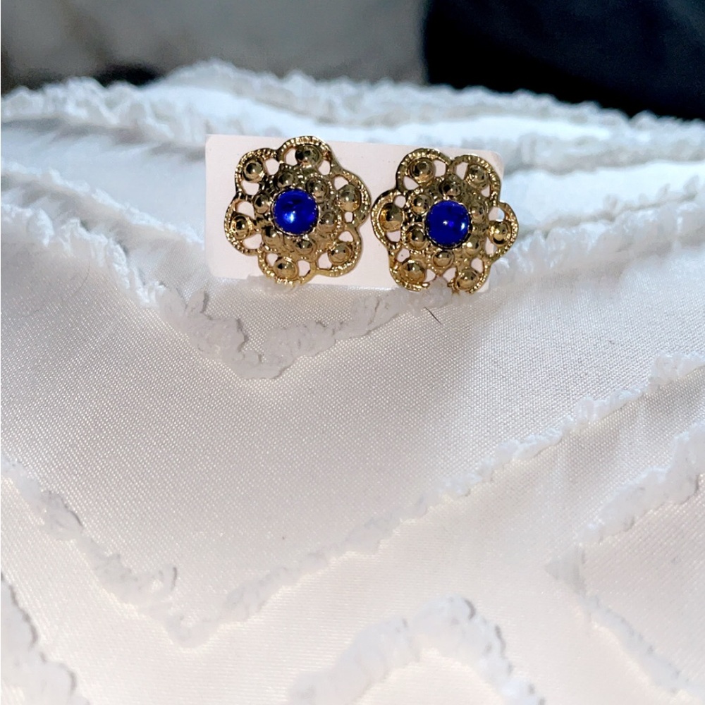 Elegant Gold and Blue Floral Earrings